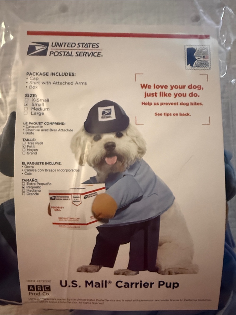 U.S. Mail Carrier Pup Costume - Blue Size Small